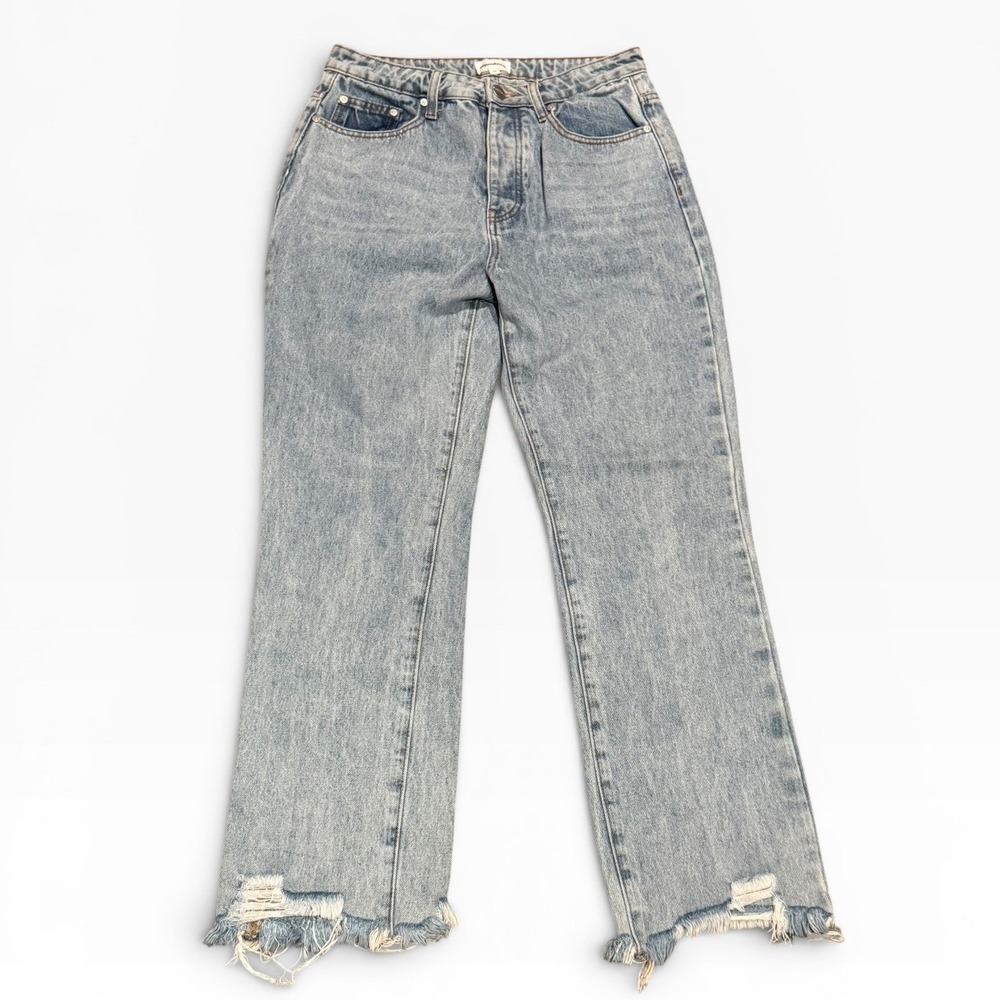 Superdown High Rise Straight Leg Distressed Raw Hem Mom Jeans Light Wash Size 29